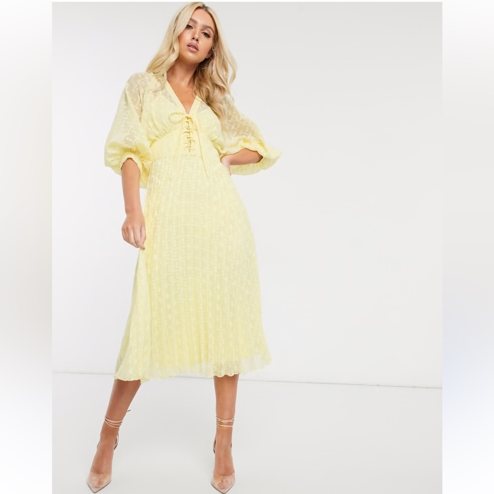 ASOS Light Yellow Midi Dress with Lace-Up Detail